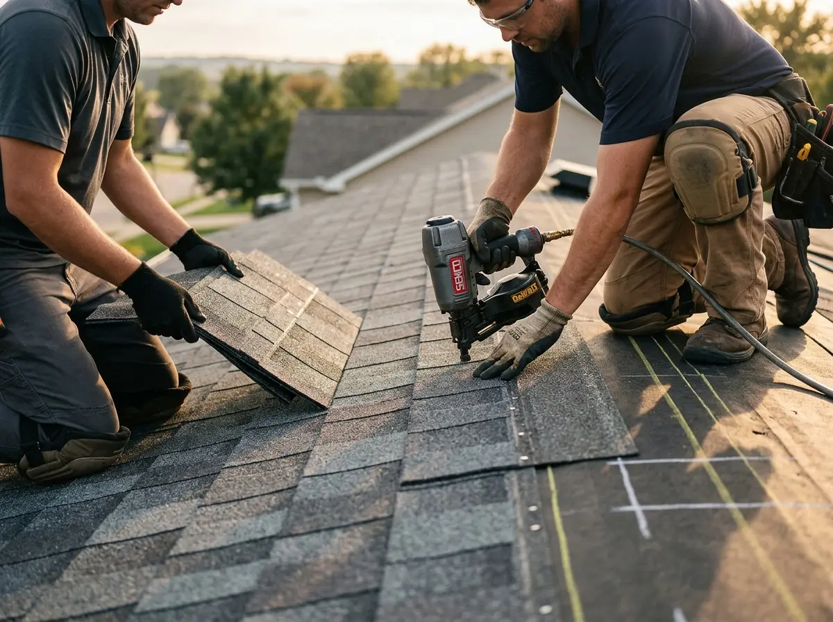 Professional roofer working on a residential roof in Mount Horeb